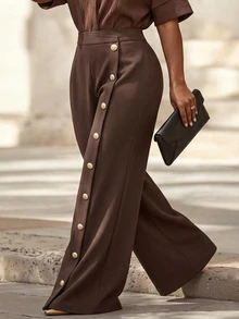 Linhara CURVE Ladies' Plus-Size Solid Brown High-Waisted Flare Pants, Elegant Wide-Leg Trousers With Gold Button Decor And Front Slit, Retro Slimming Flare Pants, V - Rust Brown - View 7