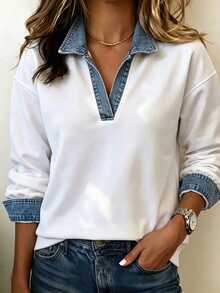 SHEIN Holidaya Women's Autumn/Winter New Minimalist Solid Color Small V-Neck Long Sleeve Sweatshirt, Patchwork Contrast Color Design Loose Fit Slimming Concealing Flattering Versatile Commute Casual Minimalist Versatile, Suitable For Daily Commute Casual Wear - White - View 2