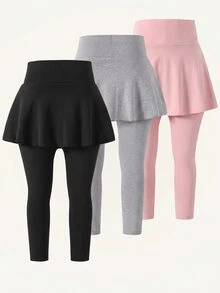 SHEIN 女童 3 件組 寬腰帶對比條紋蝴蝶結側邊 2 合 1 裙褲 - 黑色 - 查看 2