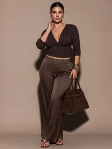SHEIN BAE CURVE 大尺碼女款優雅寬鬆休閒不對稱辦公正式商務長褲，秋冬黑色，工作褲，萬聖節，聖誕節 - 棕色 - 查看 4