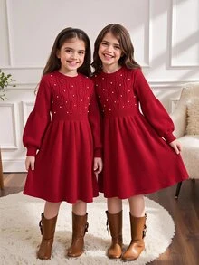 SHEIN Tween Girl 秋冬優雅可愛紅色3D針織套頭洋裝，適合日常穿著、秋冬外出、聖誕紅色洋裝 - 紅色 - 查看 1