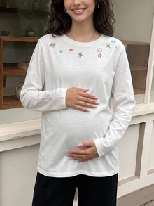 DAZY Embroidered Pattern Loose Long Sleeve Round Neck Casual Everyday Versatile Spring Autumn Maternity T-Shirt - White - View 9