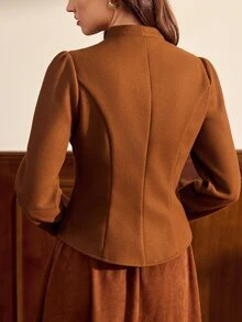 Vintamour Women's Floral Embroidered Long Sleeve Single-Breasted Overcoat - Brown - View 2