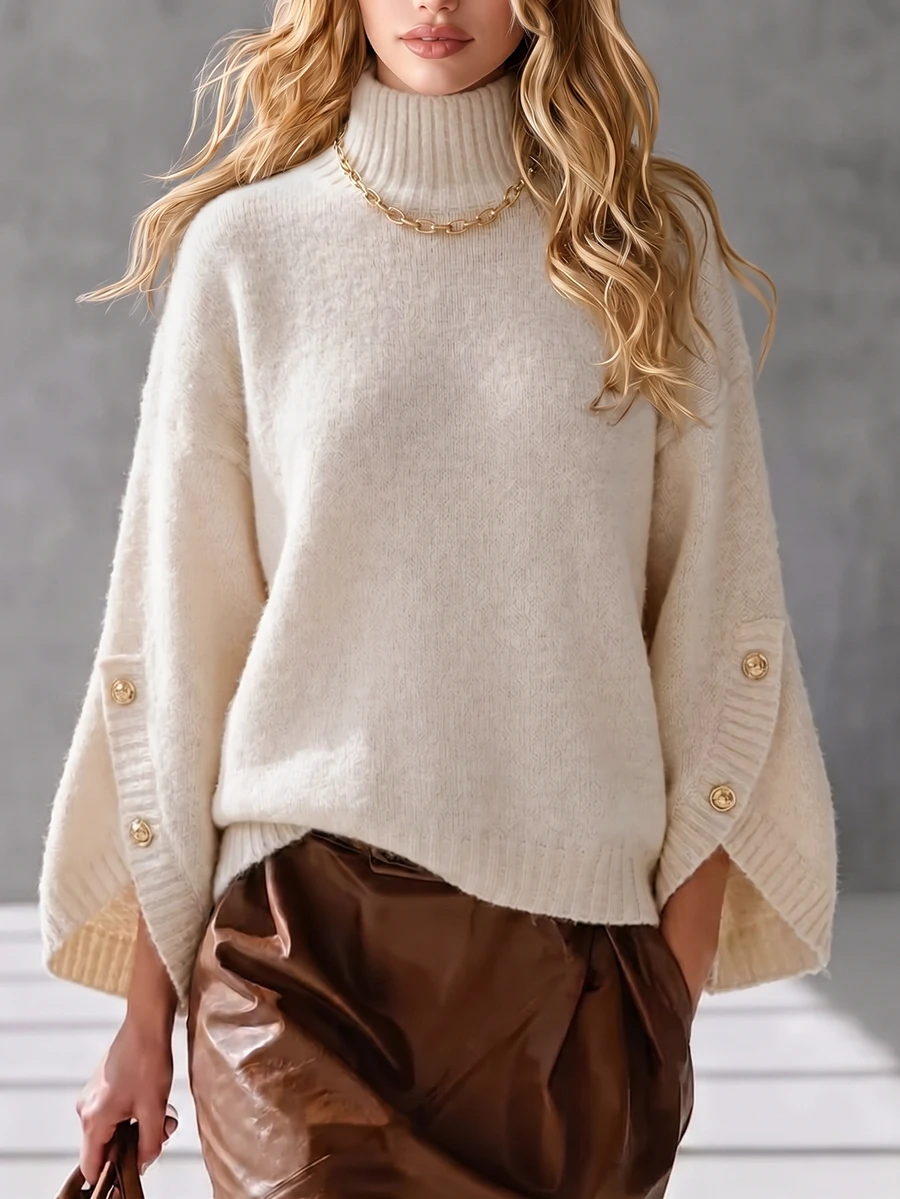 EMERY ROSE Women's Loose Half-High Neck Cape Sweater, Split Button Wide Sleeve, Soft Faux Alpaca Knit Pullover, Casual Autumn/Winter - Apricot - View 1