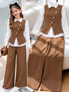 SHEIN Girls' Autumn/Spring Casual Fashion Simple V-Neck Sleeveless Belt Jacket Long-Sleeved White Shirt Loose Wide-Leg Straight-Leg Trousers Three-Piece Set - Brown - View 5