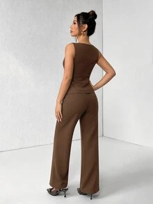 SHEIN PETITE 女款卡其色夏季優雅休閒辦公商務西裝，純色圓領單排扣背心與長褲兩件套穿搭，教師節 - 摩卡棕 - 查看 2