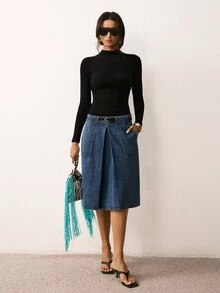 ATUI Studio Women's Casual Denim Skirt With Pockets For Daily Wear - Medium Wash - View 8