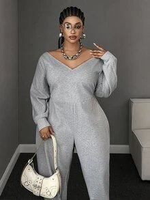 Maweii Plus Size European & American Sexy V-Neck Grey Long Sleeve Sports Sweatshirt Jumpsuit - Grey - View 3