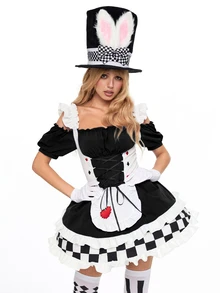 ROMWE Anime Váy mini nữ cosplay Alice Halloween hở vai, dây áo mảnh, phối màu caro - màu đen - Xem 7