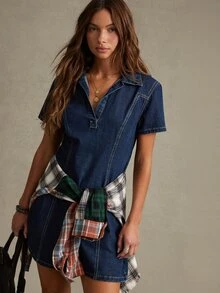 WESTFADE Short Sleeve A Line Denim Mini Dress, Fall, Autumn Clothes, Winter Outfit, Cowgirl, Western, Country Concert, Boho, Cute, Festival, Thanksgiving - Dark Wash - View 4