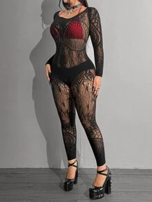 Whyspr Plus Size Women's Lace Long Sleeve Sheer Sexy Jumpsuit - Black - View 4