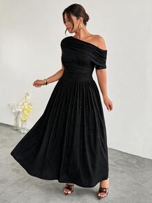 Firerie Plus Size Women's Elegant Solid Color Shimmer Fabric Dress, Asymmetrical Neckline Design To Highlight Graceful Curves; Suitable For Summer Weddings, Evening Parties, Cocktail Parties, Graduation Ceremonies And Other Formal Occasions. - Black - View 4