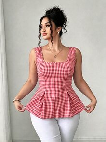 Elenzga 方領法式優雅大尺碼女款 A 字收腰襯衫上衣 - 紅色 - 查看 5