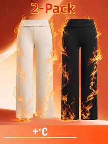 SHEIN EZwear 秋季新款保暖內裡加厚極地絨 2 件套女款休閒極簡高腰摺疊寬腿直筒褲，適合秋冬/冬季，秋冬/冬季風格，適合日常通勤、約會、聚會、秋冬/冬季、夏季、派對、婚禮、海灘、畢業典禮等場合，優雅休閒，適合外出、Y2K 風格、音樂節等場合 - 彩色 - 查看 6