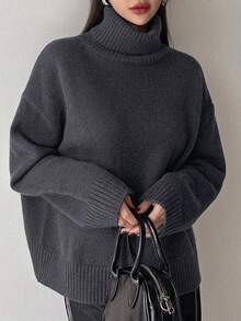 DAZY Women's Autumn/Winter Versatile Casual Solid Color Turtleneck Sweater - Grey - View 1