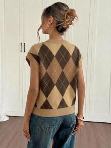 Siren Gaze Women's Diamond Grid Round Neck Batwing Short Sleeve Knit Top - Multicolor - View 2