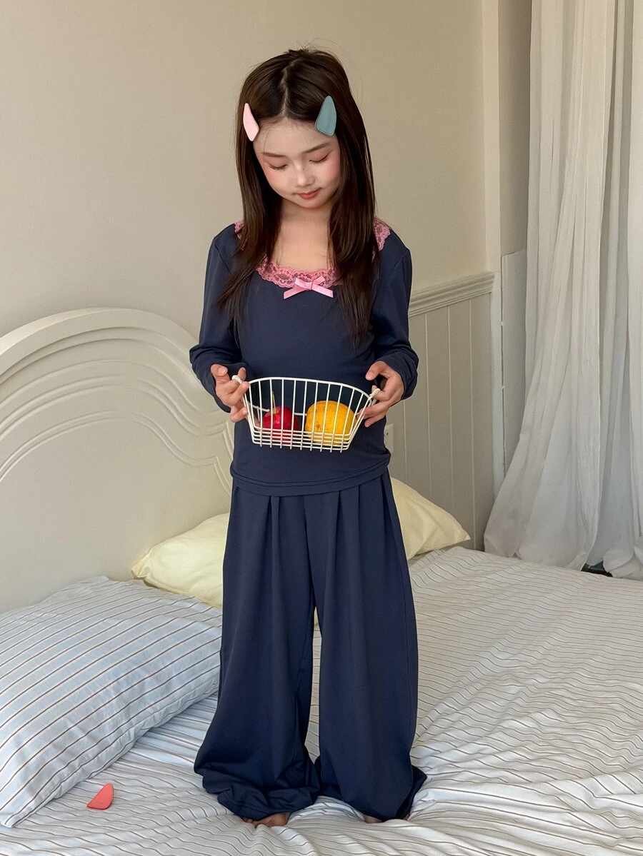 Dazy Kids 青少年女孩對比色蕾絲蝴蝶結裝飾長袖上衣與長褲家居服 - 寶藍色 - 查看 1