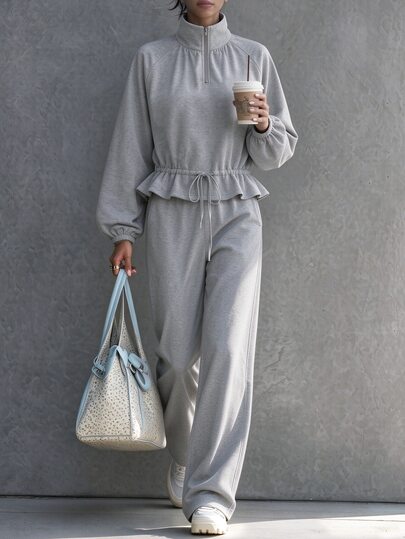 LUMIGAL Oversized Half-Zip Ruffle Hem Crop Jacket And Wide Leg Full Length Co-Ord Two Pieces Set Fall/Winter