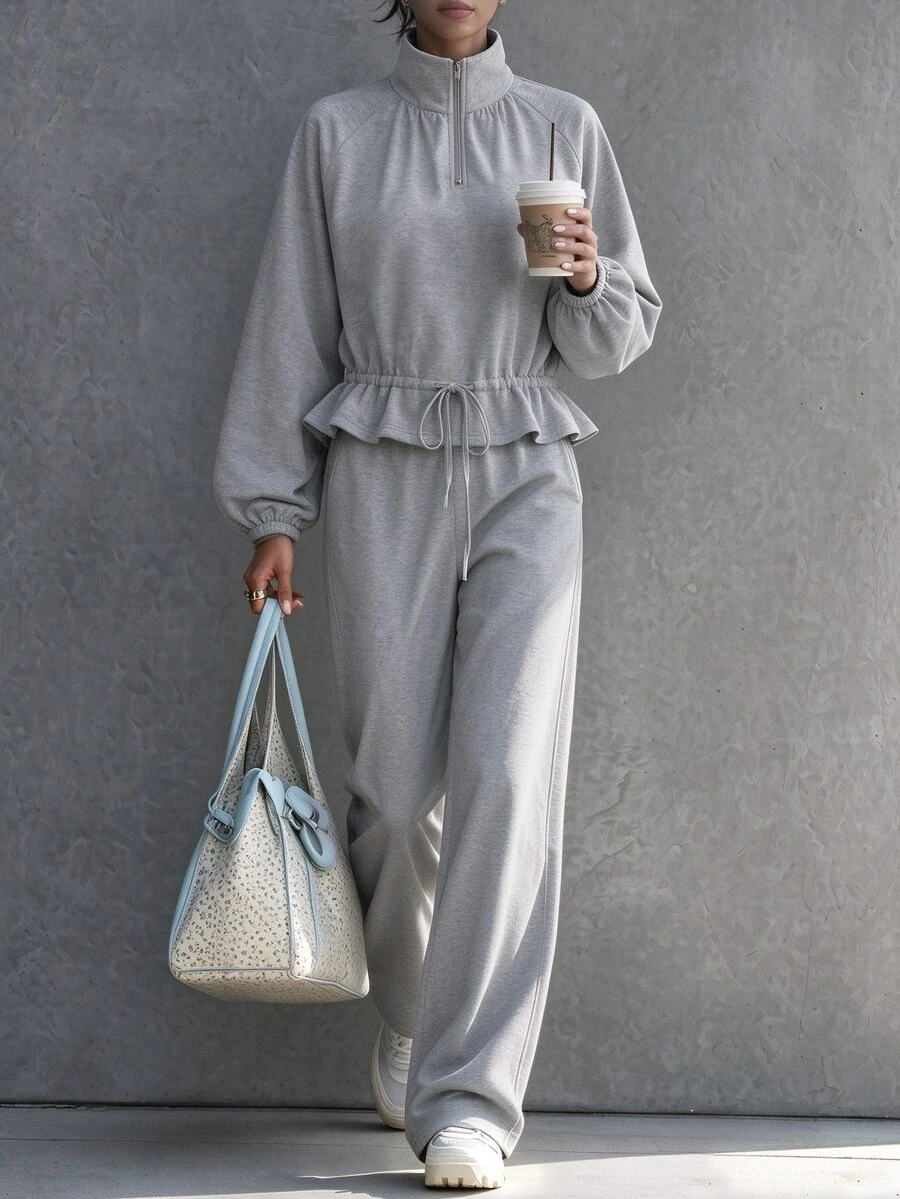 LUMIGAL Oversized Half-Zip Ruffle Hem Crop Jacket And Wide Leg Full Length Co-Ord Two Pieces Set Fall/Winter - Light Grey - View 1