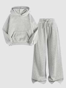 SHEIN 青少年女孩 1件袋鼠口袋落肩連帽衛衣 & 1件寬腿運動長褲套裝 - 灰色 - 查看 2