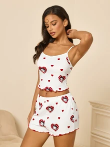 Betty Boop x SHEIN طقم بيجامة نسائي بتوب كاميسول وشورت بطبعة قلب Betty Boop - أبيض - مشاهدة 6