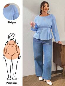 Lounesse Plus Size Women's Striped Casual Everyday Shirt - Blue and White - View 5
