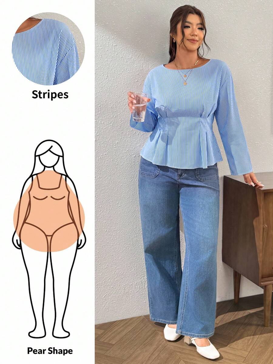 Lounesse Plus Size Women's Striped Casual Everyday Shirt - Blue and White - View 1