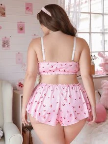 Crystal Vow Romantic Cherry Print New Year Sweet Frill Trim Lingerie Set 2pcs - Pink - View 2