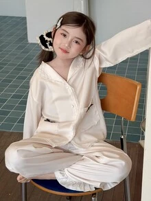 Dazy Kids Tween Girl Bow Decor Pocket Single-Breasted Long Sleeve Top And Shorts Pajama Set - Beige - View 4