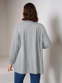 Chikora Plus Size Black Knit Pocket Loose Fit Cardigan With Pockets,Business Casual Woman Winter Fall Autumn - Grey - View 3