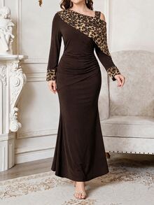SHEIN Clasi Women's Patchwork Leopard Print Asymmetric Neck Long Sleeve Fishtail Hem Elegant Dress Formal Black - Brown - View 8