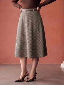 MOTF PREMIUM ROK WOL MOTIF HOUNDSTOOTH UKURAN BESAR UNTUK WANITA DENGAN SABUK - Coklat - View 4