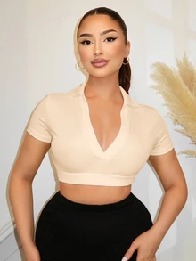 SHEIN SXY 夏季休閒性感純色修身短版T恤，適合日常穿著、外出與夜生活，黑色 - 杏色 - 查看 3