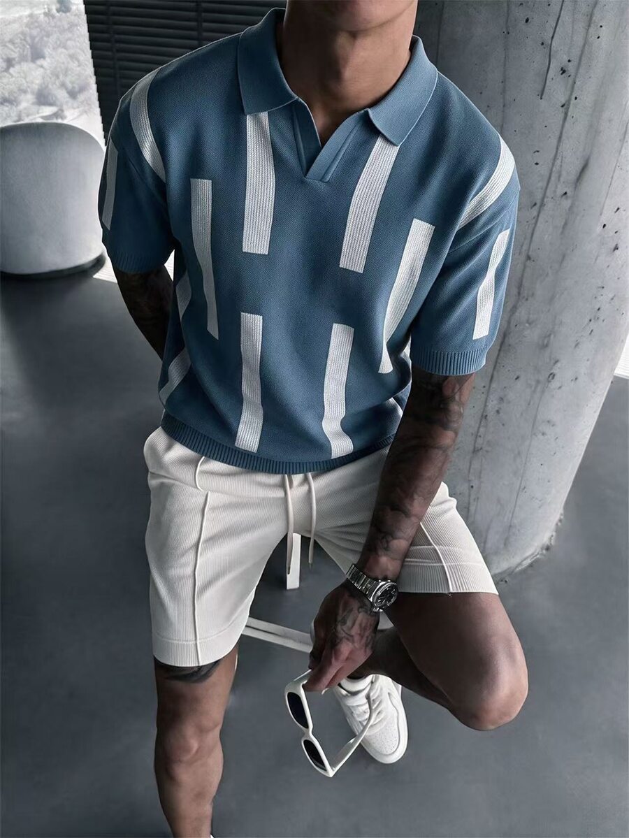 Manfinity Homme Men's Contrast Stripe Short Sleeve Knit Top - Dusty Blue - View 1