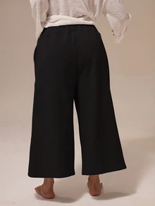 MUSERA ESSENTIALS 麻灰色抓絨彈性腰寬腿長版運動短褲 基礎居家休閒日常必備款 - 黑色 - 查看 4