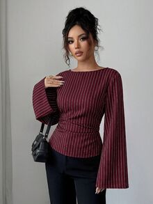 Siren Gaze 女款優雅條紋船領喇叭袖荷葉邊上衣，秋季辦公通勤時尚修身襯衫，商務休閒通勤上衣，酒紅/波爾多紅 - 紅色 - 查看 5