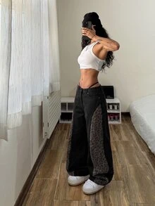 StreetHx 女款休閒日常牛仔褲，附口袋、鈕扣與豹紋拼接配色 - 彩色 - 查看 7