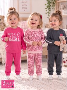 SHEIN Playful Pals 6件組幼兒女嬰女童衛衣+長褲套裝，可愛甜美粉色玫瑰灰色豹紋愛心條紋，長袖圓領常規款，派對秋季穿搭 - 粉色 - 查看 1