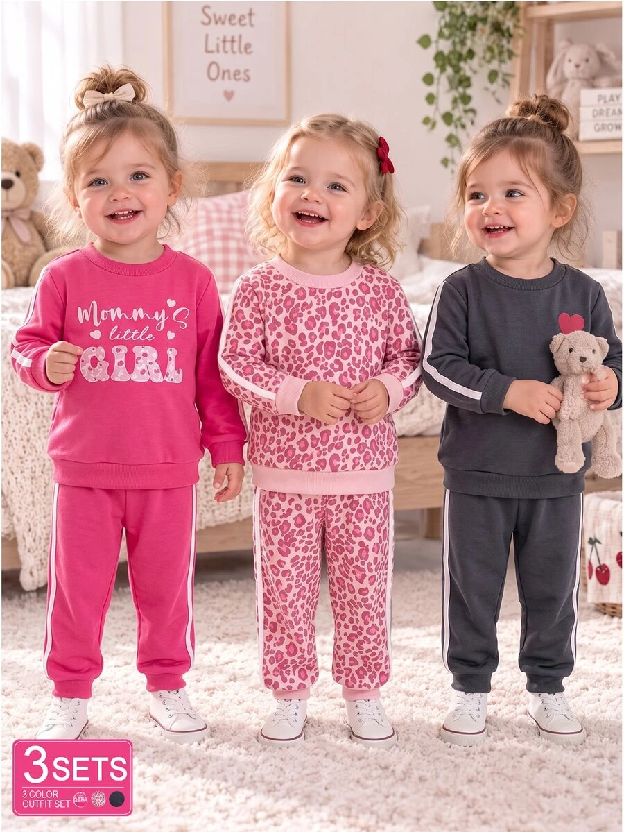 SHEIN Playful Pals 6件組幼兒女嬰女童衛衣+長褲套裝,可愛甜美粉色玫瑰灰色豹紋愛心條紋,長袖圓領常規款,派對秋季穿搭 - 粉色 - 查看 1