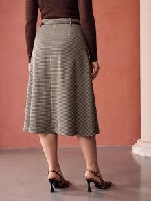 MOTF PREMIUM ROK WOL MOTIF HOUNDSTOOTH UKURAN BESAR UNTUK WANITA DENGAN SABUK - Coklat - View 5