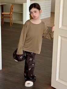 Dazy Kids Tween Girl) Round Neck Pullover Solid Color Casual T-Shirt + Straight Leg Long Pants Casual Home Wear 2 Pieces Set - Brown - View 6