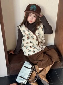 Dazy Kids Tween女孩無袖背心上衣 厚款秋冬碎花外套 - 杏色 - 查看 8