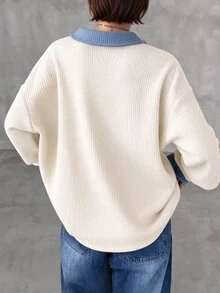 FRIFUL Women's Korean Style Autumn Colorblock Thick Waffle Knit T-Shirt - Beige - View 2