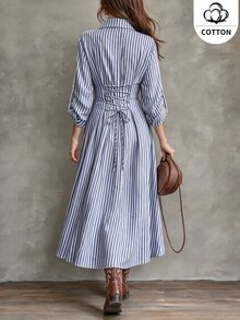 Ceyna Plus Striped Print Roll Tab Sleeve Shirt Dress - Blue and White - View 2