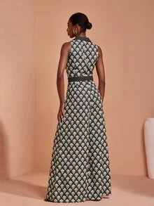 JIAN LASALA Jumpsuit Kasual Musim Panas Wanita Tanpa Lengan dengan Kerah dan Kancing Depan, Motif Aneka Warna Kontras Warna - MultiWarna - View 2