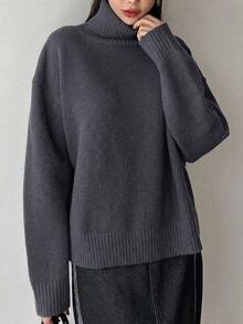 DAZY Women's Autumn/Winter Versatile Casual Solid Color Turtleneck Sweater - Grey - View 3