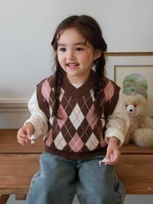 Dazy Kids 女嬰拼色菱格紋V領針織背心，秋冬季幼兒秋裝 - 粉色 - 查看 1