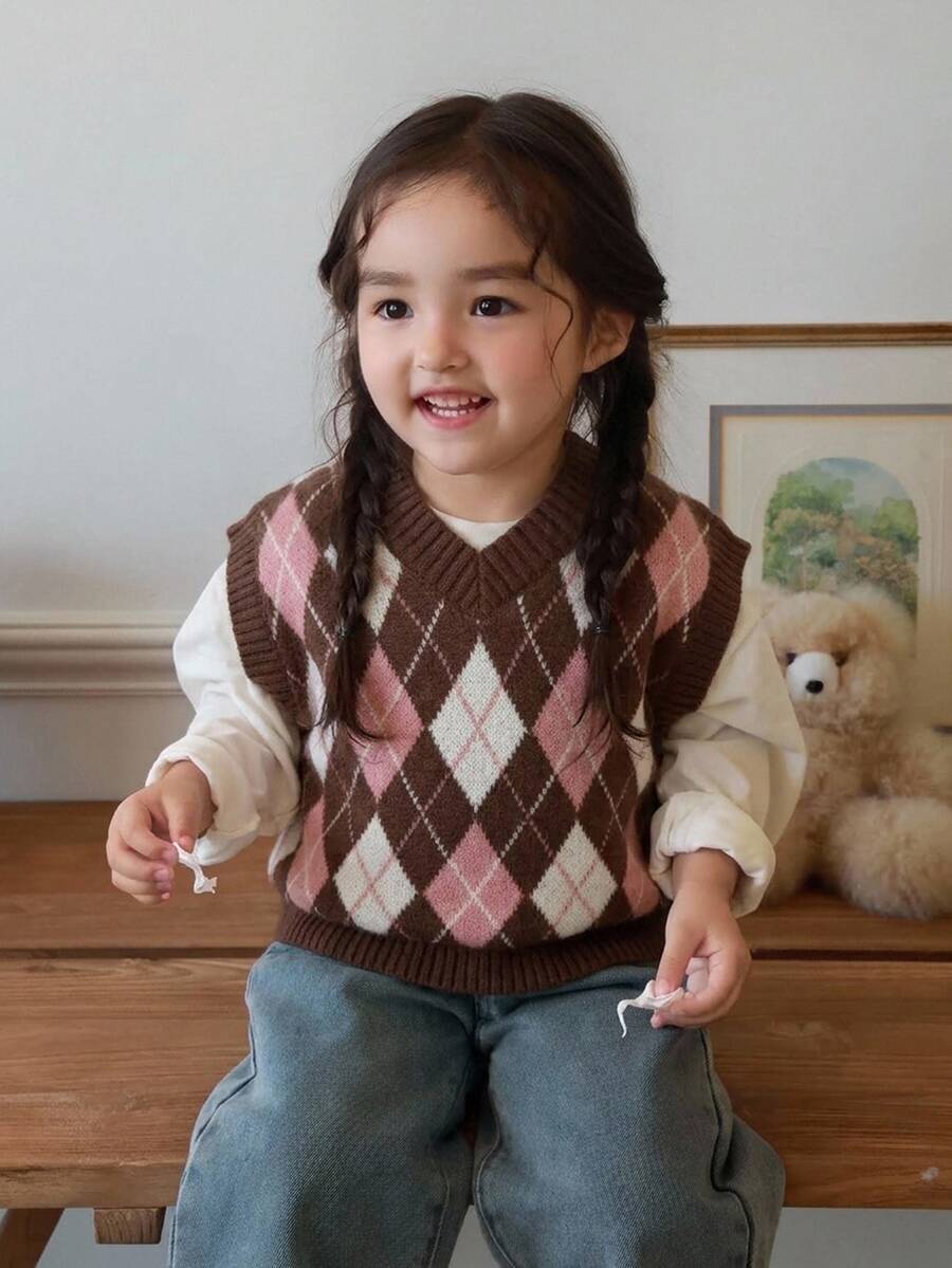 Dazy Kids 女嬰拼色菱格紋V領針織背心，秋冬季幼兒秋裝 - 粉色 - 查看 1