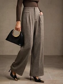 MOTF PREMIUM WOMEN'S HERRINGBONE PATTERN MULTICOLOR PLEATED STRAIGHT LEG COMMUTER SUIT PANTS - Brown - View 2