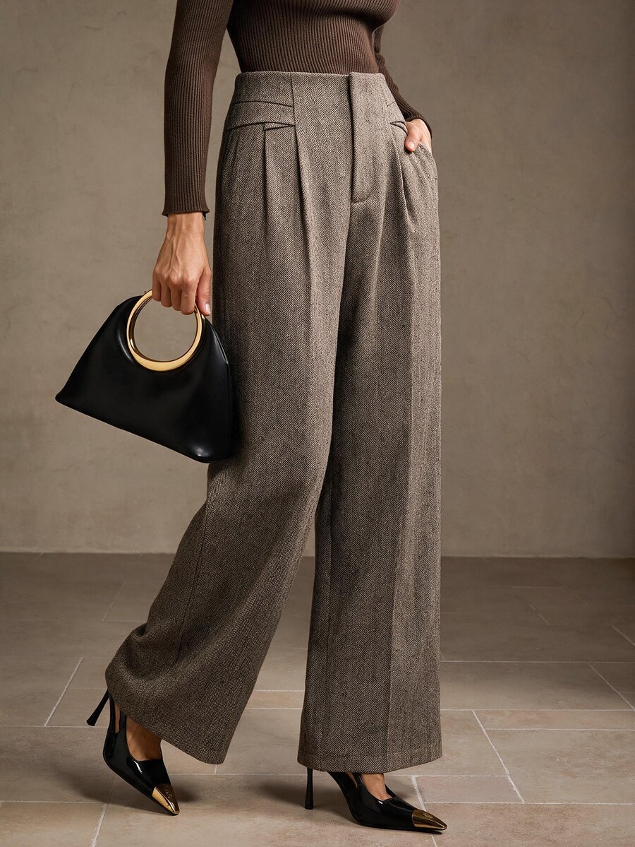 MOTF PREMIUM WOMEN'S HERRINGBONE PATTERN MULTICOLOR PLEATED STRAIGHT LEG COMMUTER SUIT PANTS - Brown - View 2